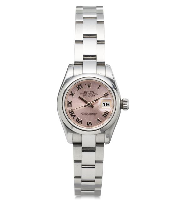 Rolex - Sporty and fine Lady Datejust ref 179160 steel, pink dial with Roman numerals, domed bezel Oyster bracelet accompanied by boxes and warranty
