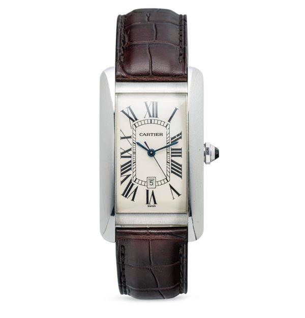 Cartier - Elegant and iconic Tank Americaine ref 1741 in 18k white gold, Silver dial Roman numerals and Chemin de Fer minuteria, date display on six, self-winding