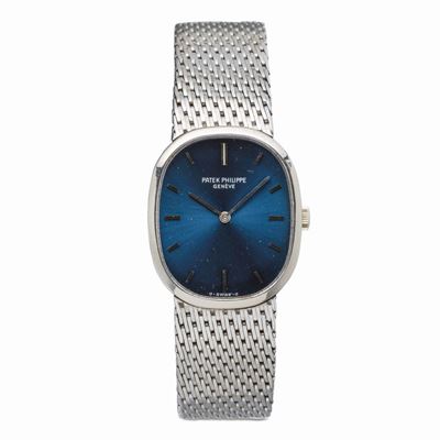 Elegante Ellipse in Oro Bianco 18k con Bracciale Integrato a Maglia Intrecciata, Quadrante Blu So...