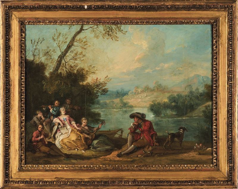 Jean-Baptiste B&#233;nard : Concerto galante presso un fiume  - olio su tavola - Asta Pittura Antica - Cambi Casa d'Aste