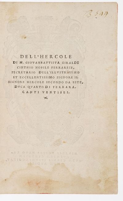 Cinthio Giraldi Giovan Battista. Dell'hercole... Canti 26... in Modena, nella Stamperia De Gadald...