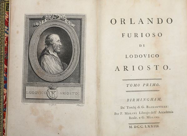 Ludovico Ariosto Orlando furioso. Tomi dal 1 al 4. Birmingham dai torchi di G.Baskerville per P. Molini libraio dell'accademia reale, e G.Molini, 1773