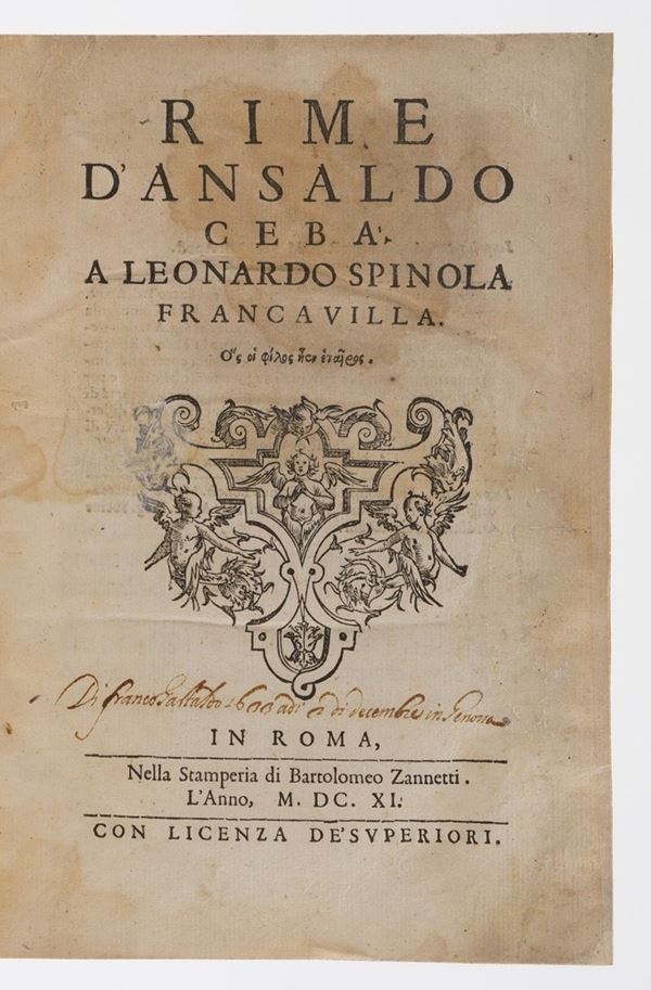 Cebà Ansaldo Rime... in Roma nella stamperia di Bartolomeo Zannetti 1611.