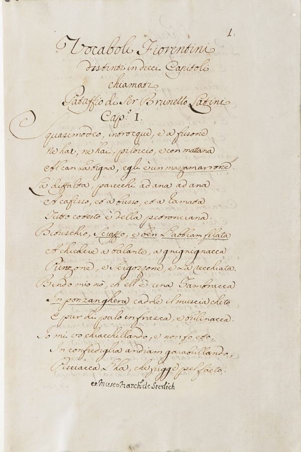 Latini Brunetto - manoscritto cartaceo secolo XVIII Il Pataffio, (Firenze 1754) 