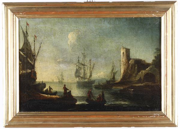 Scuola veneta del XVIII secolo Vedute costiere con figure e velieri