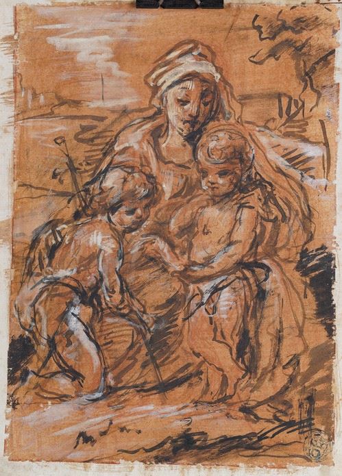 Scuola del XVIII secolo Madonna con Bambino e San Giovannino  - inchiostro bruno e biacca su carta preparata - Asta Dipinti Antichi - Cambi Casa d'Aste