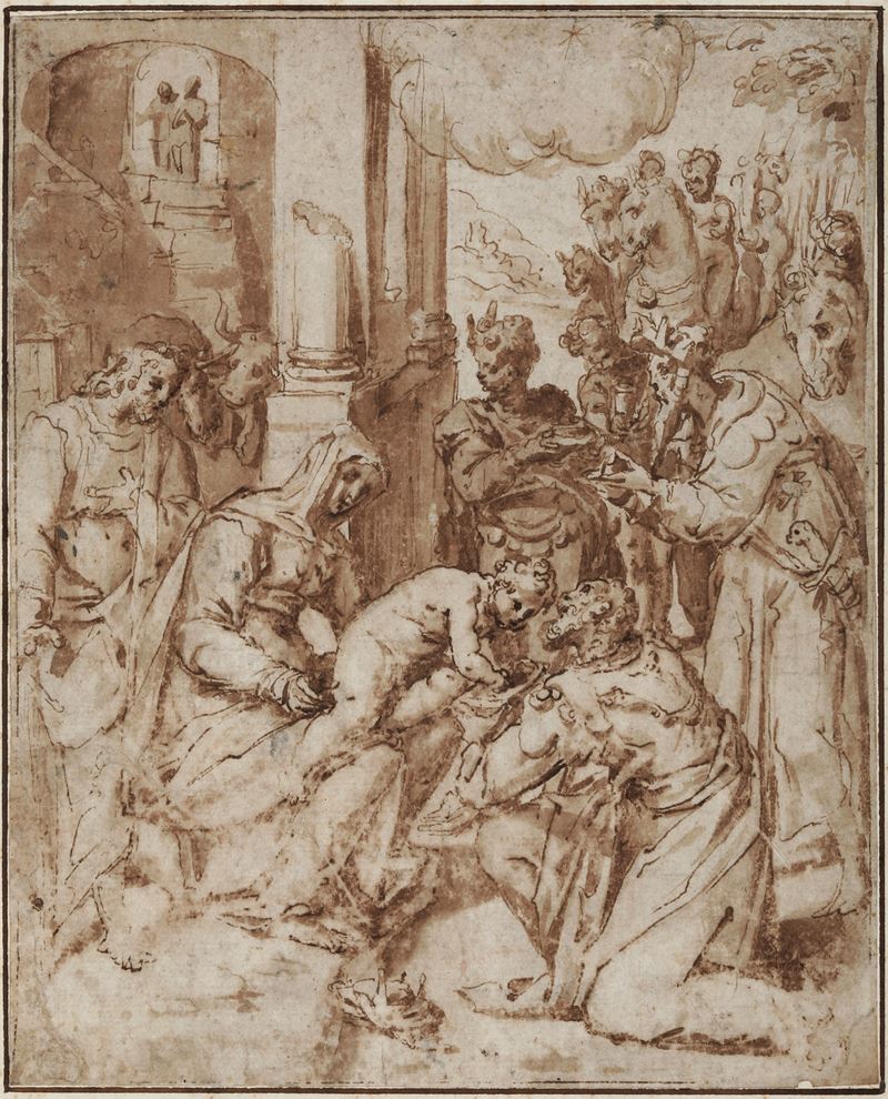 Scuola bolognese del XVI secolo Adorazione dei Magi  - penna, inchiostro bruno e acquerello su carta - Asta Old Masters - Cambi Casa d'Aste
