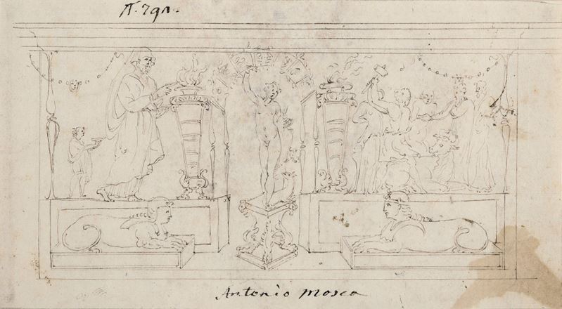 Scuola italiana del XVI secolo Fregio con scena di sacrificio  - penna e inchiostro bruno su carta - Asta Old Masters - Cambi Casa d'Aste