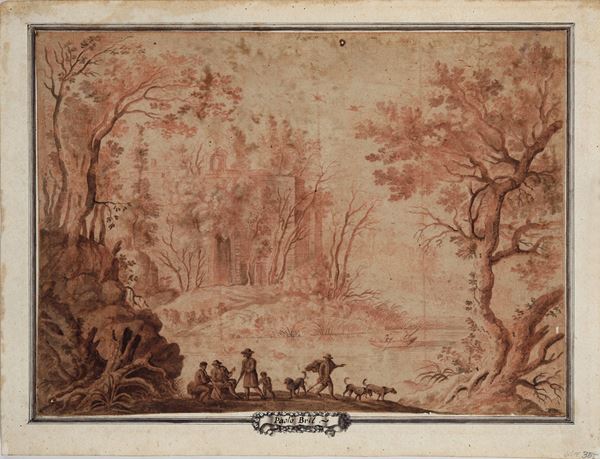 Scuola olandese del XVII secolo Paesaggio con cacciatori