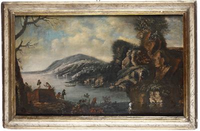 Scuola del XVIII secolo, Paesaggio costiero con figure e imbarcazioni, olio su tela