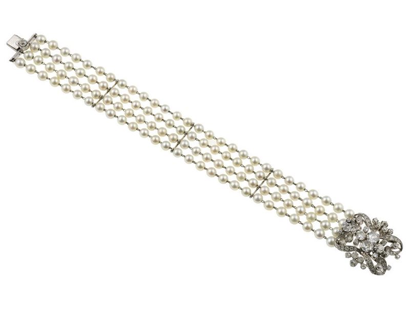 Bracciale con perle coltivate e fermezza diamanti    - Asta Fine Jewels - Cambi Casa d'Aste
