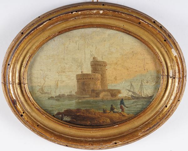 Scuola del XVIII secolo Paesaggi costieri con figure e imbarcazioni