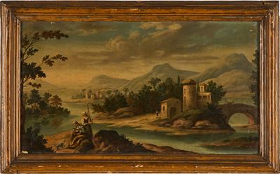 Scuola veneta del XVIII secolo, Paesaggi con pastori e architetture, olio su tela
