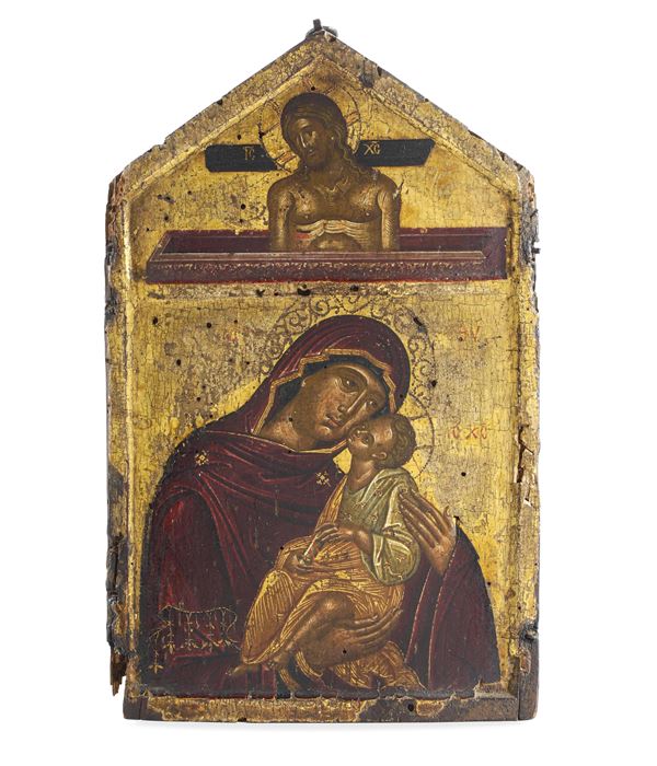 Icona fondo oro raffigurante Madonna con Bambino. Scuola veneto-cretese del XVII-XVIII secolo
