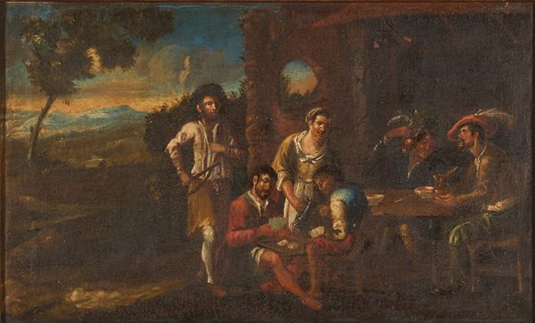 Scuola fiamminga del XVIII secolo Scena di genere con giocatori di carte