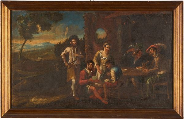 Scuola fiamminga del XVIII secolo Scena di genere con giocatori di carte