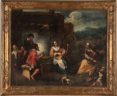 Scuola del XVIII secolo, Scena di genere con suonatrice, olio su tela