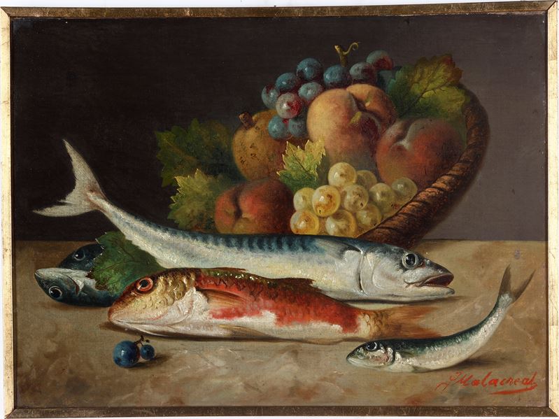 Francesco Malacrea : Natura morta con pesci e frutta  - olio su tela - Auction Painting of the XIX-XX century - Cambi Casa d'Aste