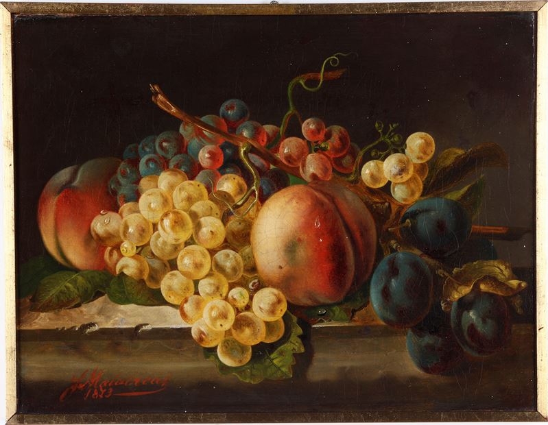 Francesco Malacrea : Natura morta con uva e pesche  - olio su tela - Asta Pittura del XIX-XX secolo - Cambi Casa d'Aste