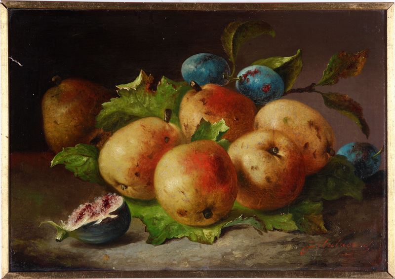 Francesco Malacrea : Natura morta con pere e fico  - olio su tela - Auction Painting of the XIX-XX century - Cambi Casa d'Aste
