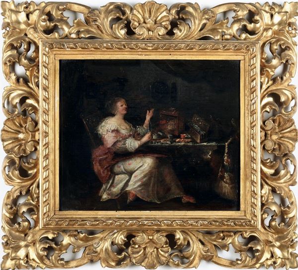 Scuola olandese del XVII secolo Ritratto di dama con monili