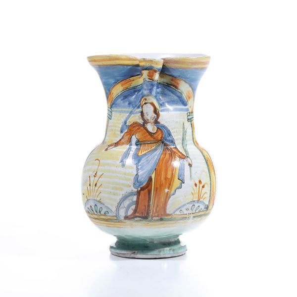 Piccola brocca raffigurante Santa Caterina. Italia centrale, XVIII secolo.