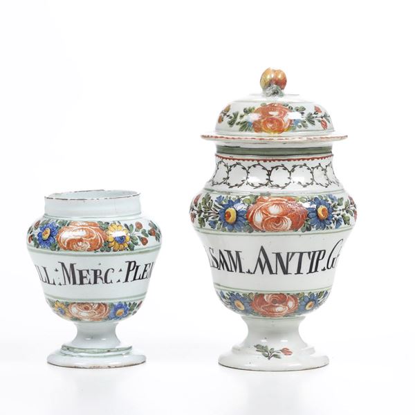Due albarelli e un coperchio. Nove, Manifattura Antonibon, 1750-1770.