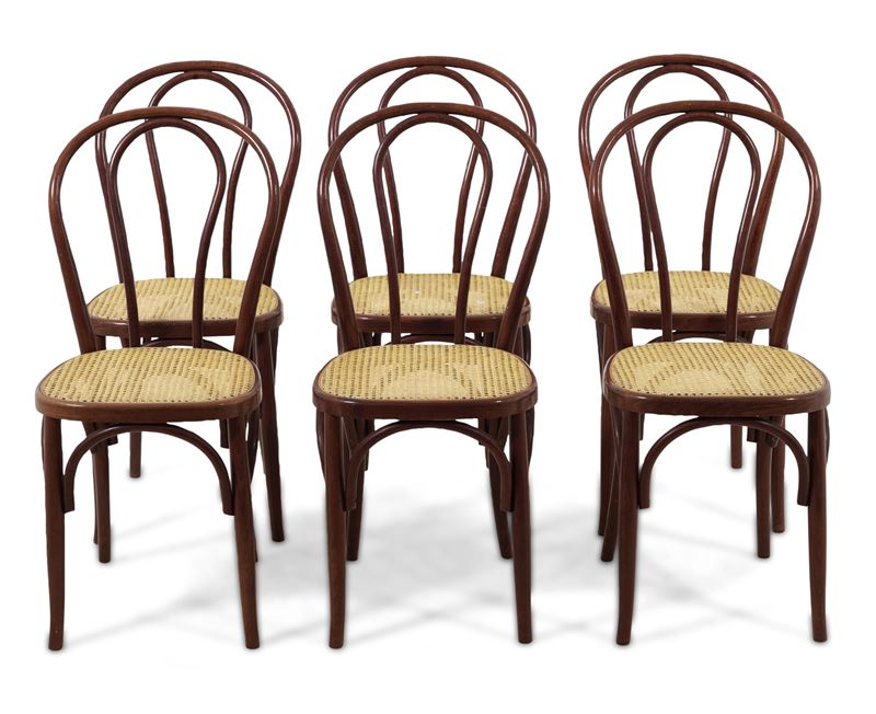Gruppo di sei sedie in legno curvato e seduta in paglia  - Auction Antique - Cambi Casa d'Aste