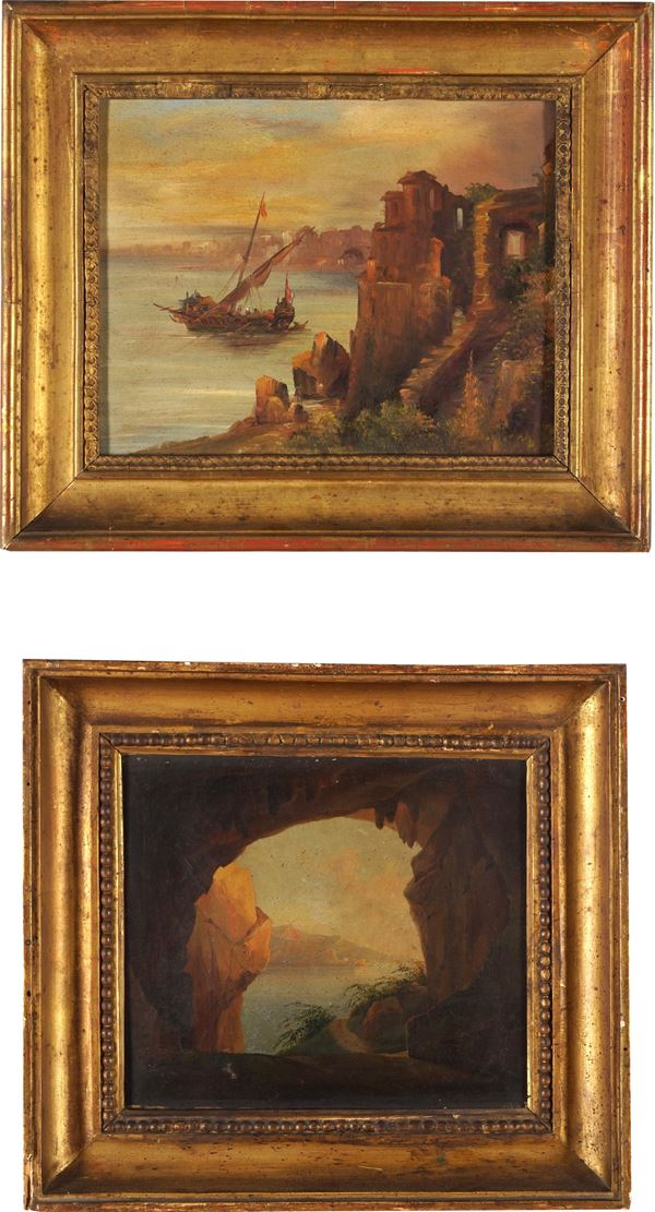 Due dipinti ad olio su tela con paesaggi
