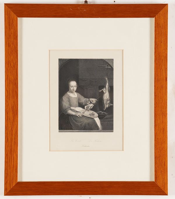 Lotto di tre incisioni tedesche con scene di interno, XIX secolo