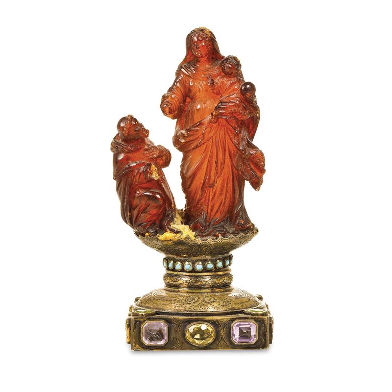 Madonna con Bambino e monaco orante. Arte barocca (Italia?) del XVII secolo  - Asta Scultura e Oggetti d'Arte - Cambi Casa d'Aste
