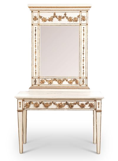 Console in Legno Intagliato, Laccato e Dorato con Specchiera. XVIII-XIX Secolo