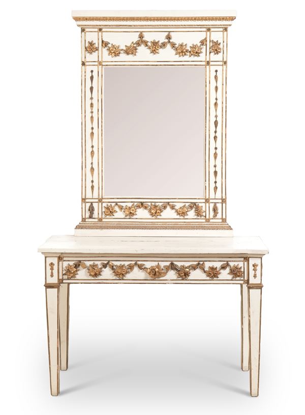 Console in legno intagliato, laccato e dorato con specchiera. XVIII-XIX secolo