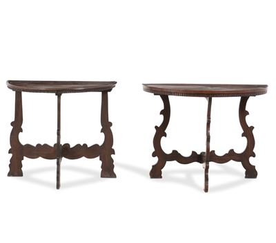 Due Mezzi Tavoli in Legno Intagliato. XX Secolo