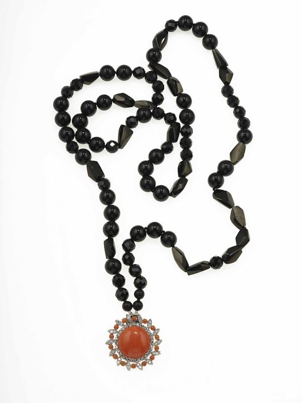 Jet necklace with coral and diamonds pendant