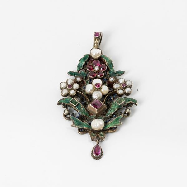 Pendant with jem set, pearls and enamel