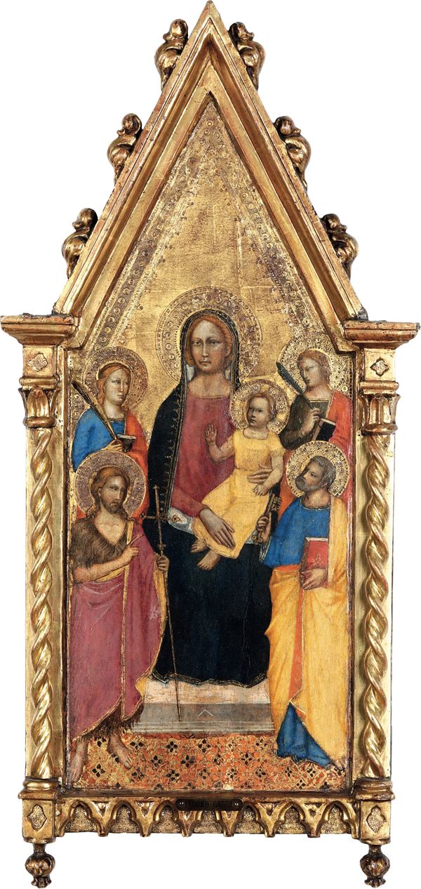Maestro della Madonna della Misericordia (attivo a Firenze tra il 1360 e il 1390) Madonna in trono col Bambino tra due Santi Martiri e i Santi Giovanni Battista e Pietro