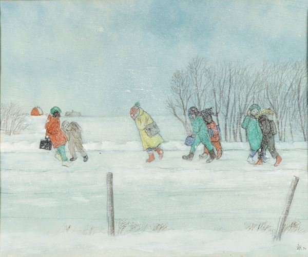 Prairie school children bucking winter wind