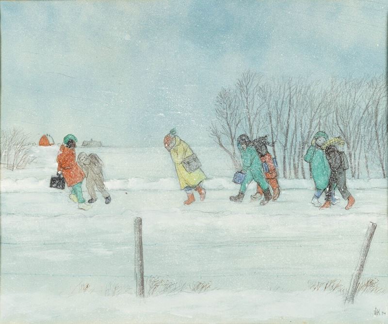 William Kurelek - Prairie School Children Bucking Winter Wind