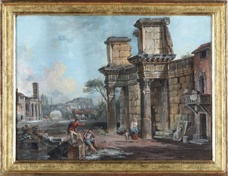 Jean-Baptiste Lallemand : Veduta con rovine classiche e figure di popolani  - tempera su carta - Asta Old Masters - Cambi Casa d'Aste