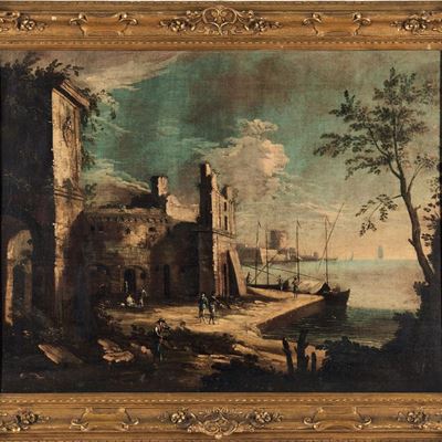 Scuola del XVIII Secolo Veduta con Approdo e Figure