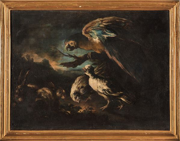 Giovanni Jacopo Crivelli detto il Crivellino - Paesaggio con pappagallo, volatili e una coppia di conigli
