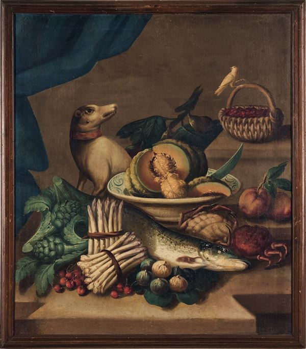 Scuola lombarda del XVIII secolo Nature morte con frutti, ortaggi, pesci e altri animali