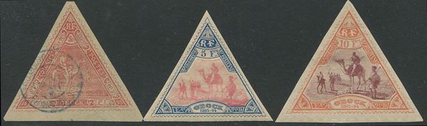 1893/94, Obock, Quadrille lines printed on paper, triangular stamps 2fr. and 5fr. used (Yv. 45/46);