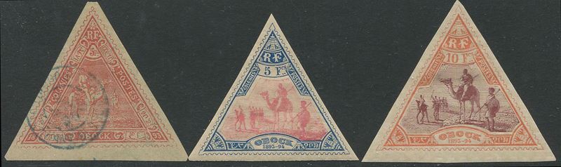 1893/94, Obock, Quadrille lines printed on paper, triangular stamps 2fr. and 5fr. used (Yv. 45/46);  - Auction Postal History and Philately - Cambi Casa d'Aste