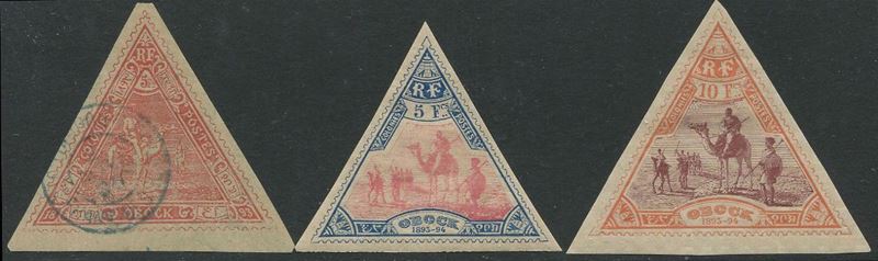 1893/94, Obock, Quadrille lines printed on paper, triangular stamps 2fr. and 5fr. used (Yv. 45/46);  - Asta Storia Postale e Filatelia - Cambi Casa d'Aste