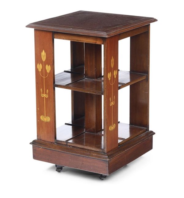 Libreria da centro girevole in legno intarsiato. Inghilterra XIX-XX secolo