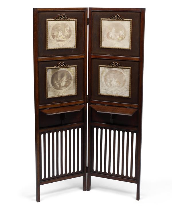 Paravento in legno con quattro stampe antiche