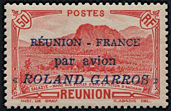 1937, Reunion, air post, ovpt. “Reunion-France/par avion/ ROLAND GARROS”