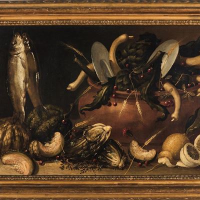 Scuola Olandese del XVII Secolo Natura Morta con Pesci e Verdure